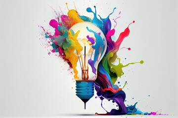 Plakat Design of light bulb with colors splashing on white background.generative Ai