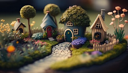 Kleine verträumt niedliche Häuser in einer winzig lieblichen Landschaft, Generative KI - obrazy, fototapety, plakaty