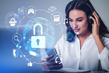 Businesswoman with phone, earth globe with cybersecurity hologram and icons