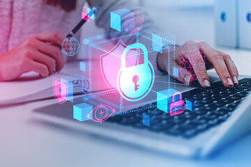Woman hand and laptop, online cybersecurity and data protection