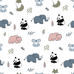 Seamless Pattern with Hand Drawn Animal and Leaf Design on White Background