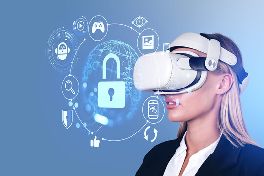 Businesswoman in vr glasses, earth globe with cybersecurity holo