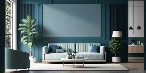 A Pop of Color: A Modern Living Room with a Blue Wall Texture Background Generative AI