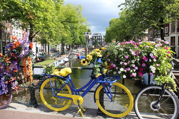 Landscape with canal and flowers in Amsterdam, Netherlands