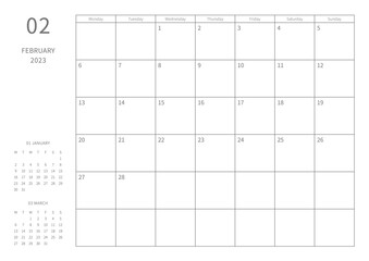 February 2023 simple design digital and printable calendar template illustration. Notes, scheduler, diary, calendar, memo, planner document template background. 