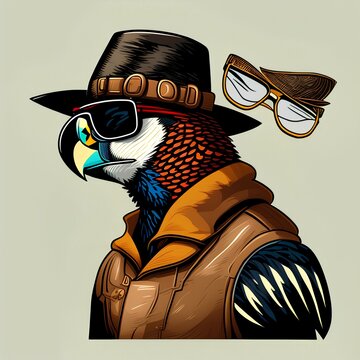 recommend clip art: Beautiful falcon in a hat and glasses. vector illustration for predator postcard or poster, print for clothes or backpack - generative ai