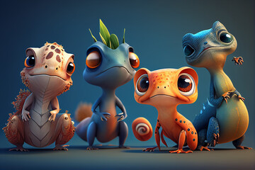 3d cartoon character cute set of reptiles chameleon on blue background, image ai midjourney generated
