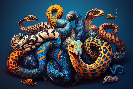  3d cartoon character set of snakes group on blue background, image ai midjourney generated