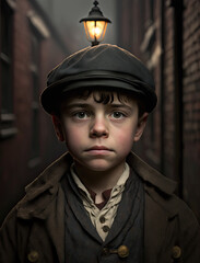 Victorian Boy Portrait-Portrait of a young victorian  boy on the streets of  London-Generative AI
 - obrazy, fototapety, plakaty