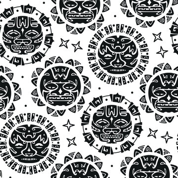 Sun Angry Face Seamless Pattern. Maori Tattoo Ornament. Ethnic Mask. Black and White Vector illustration