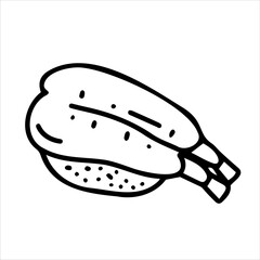 Japanese sushi with shrimp. The style of hand-drawn doodles. Asian cuisine for restaurant menus. Logo, clipart, sketch.	
