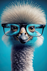 fluffy feather ostrich with glasses on. close-up portrait. blue background.  - obrazy, fototapety, plakaty