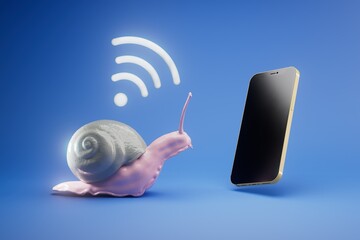 the concept of slow Internet, snail and wifi, the speed of the provider. 3d render - obrazy, fototapety, plakaty