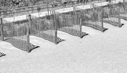 Beach space separators made of wood. Dividers with wooden slats