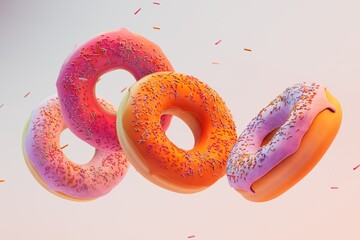 love of sweets. donuts flying across the pastel background. 3D render