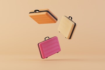 multi-colored suitcases flying across the pastel background. 3D render