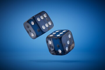 passion for board games. blue dice on a blue background. 3D render
