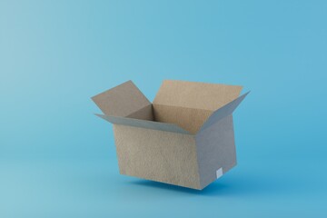 the concept of sending things. open cardboard box on a blue background. 3D render