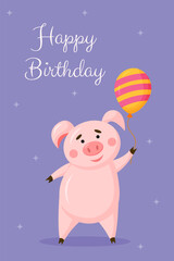 Vector greeting birthday card template. Happy cute pig with colour flags with balloon on violet background. Celebration illustration.