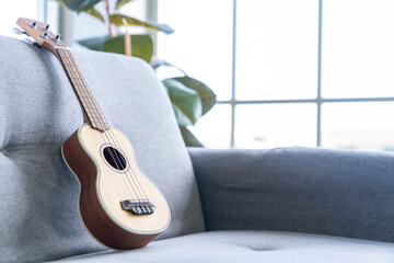 Brown acoustic guitar on gray sofa with copyspace