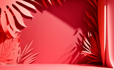 Abstract Red Studio Background for Product Presentation Empty Room with Shadows of Window and Flowers and Palm Leaves Room with Copy Space Trendy Color of the Year 2023 Viva Magenta