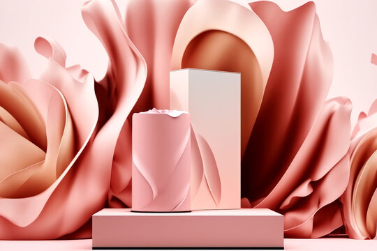 Pastel Pink Podium Showcase with Abstract Waves of Silk Fabric of Advertising Stand for the Presentation of Cosmetic Products Body Care Products Luxury Platform with Flower Petals Illustration