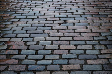 Dark brown paving stones wet from the rain