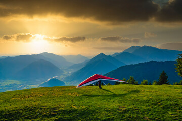 Hang glider ready to take off in magnificient Soca valley in Slovenia