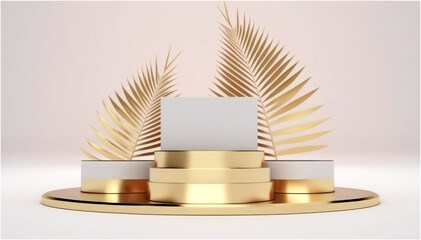 Podium Empty with Geometric Shapes and Gold Color Palm Leaf in White Composition for Modern Stage Display and Minimalist Mockup Abstract Showcase Background Concept Illustration or