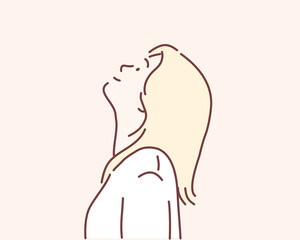 happy young woman looking up. Hand drawn style vector design illustrations.
