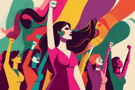 Illustration de femmes levant le point en l'air pour le 8 mars, journée des droits de la femme - illustration ia