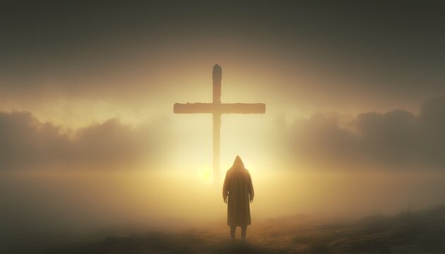 Symbolic image of Jesus crucifixion with a cross. Rays of light for Good Friday. Emotional wallpaper commemorating Jesus at Easter. Placeholder text available. AI generated
