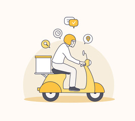 Delivery man riding motorcycle, Send order package to customer, Express delivery bike service. Hand drawn style vector design illustrations.