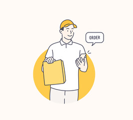  Delivery man in white uniform hold craft paper packet with food. Hand drawn style vector design illustrations.