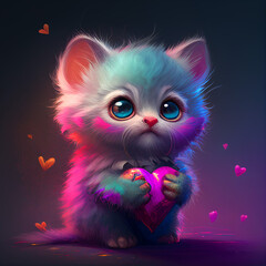 cute small baby kitten is holding heart with ritten i love you for valentine's day, generative AI