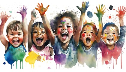 Children's party with face painting. Happy children raise their hands up. Banner for advertising, marketing. Watercolor illustration - obrazy, fototapety, plakaty