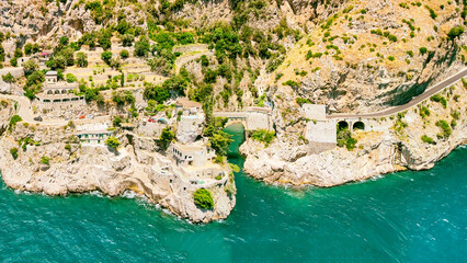 Amazing aerial view of beautiful Amalfi Coast in summer season, Italy. Drone viewpoint