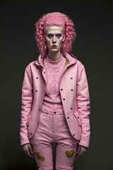 Front view of a feminist woman with pink jacket and recombed hair on a dark background. Generative AI