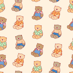 Seamless Pattern with Cartoon Teddy Bear Design on Light Yellow Background