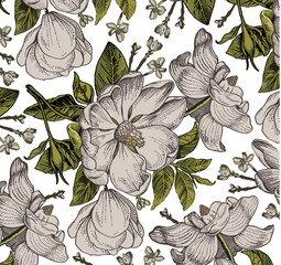 Realistic blooming isolated flowers pattern. Vintage fabric background. Rosehip dogrose brier chamomile croton wildflowers. Wallpaper baroque. Drawing engraving. Vector victorian Illustration    © Наталья Лобенко