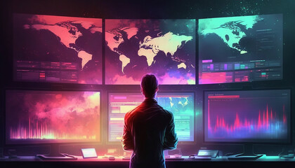 business men analyzing data, Many monitors with crypto market data, graphs, statistics diagrams, colorful gradient backgrounds. Generative Ai