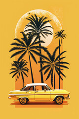 Summer weekend. Collage of beach, palm trees, retro car,  sun on yellow background. Generative AI.