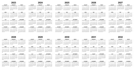 Simple editable vector calendars for year 2023,  2024, 2025, 2026, 2027, 2028. 2029, 2030, 2031, 2032 sundays in black first, easy to edit and use