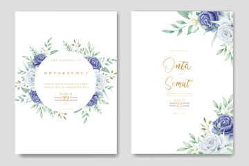 elegant watercolor floral frame wedding stationery with navy blue flower and leaves