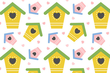Obraz premium Seamless pattern with colorful birdhouses. Bird Day, Nature protection. Crafts made of wood. Cute backdrop for wallpaper, print, textile, fabric, paper, wrapping. Vector flat cartoon illustration