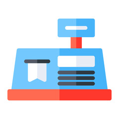 Cash register in flat icon. Cashier, calculator, payment machine, market, store
