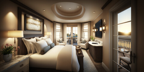 Escape to Bliss: A 3D Render of a Luxury Retreat Hotel Room with a Private Balcony Generative AI