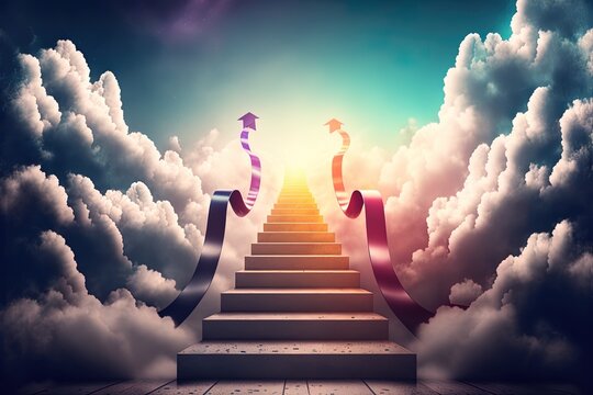 Steps leading up to a finish line in the clouds, suggesting a high-stakes competition. Generative AI