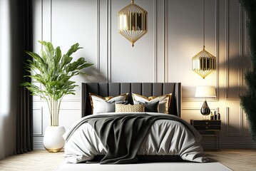Nice cosy interior of luxury modern bright bedroom with king size bed, by AI generative for Real estate business.