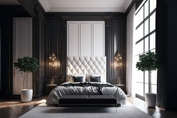 Nice cosy interior of luxury modern bright bedroom with king size bed, by AI generative for Real estate business.